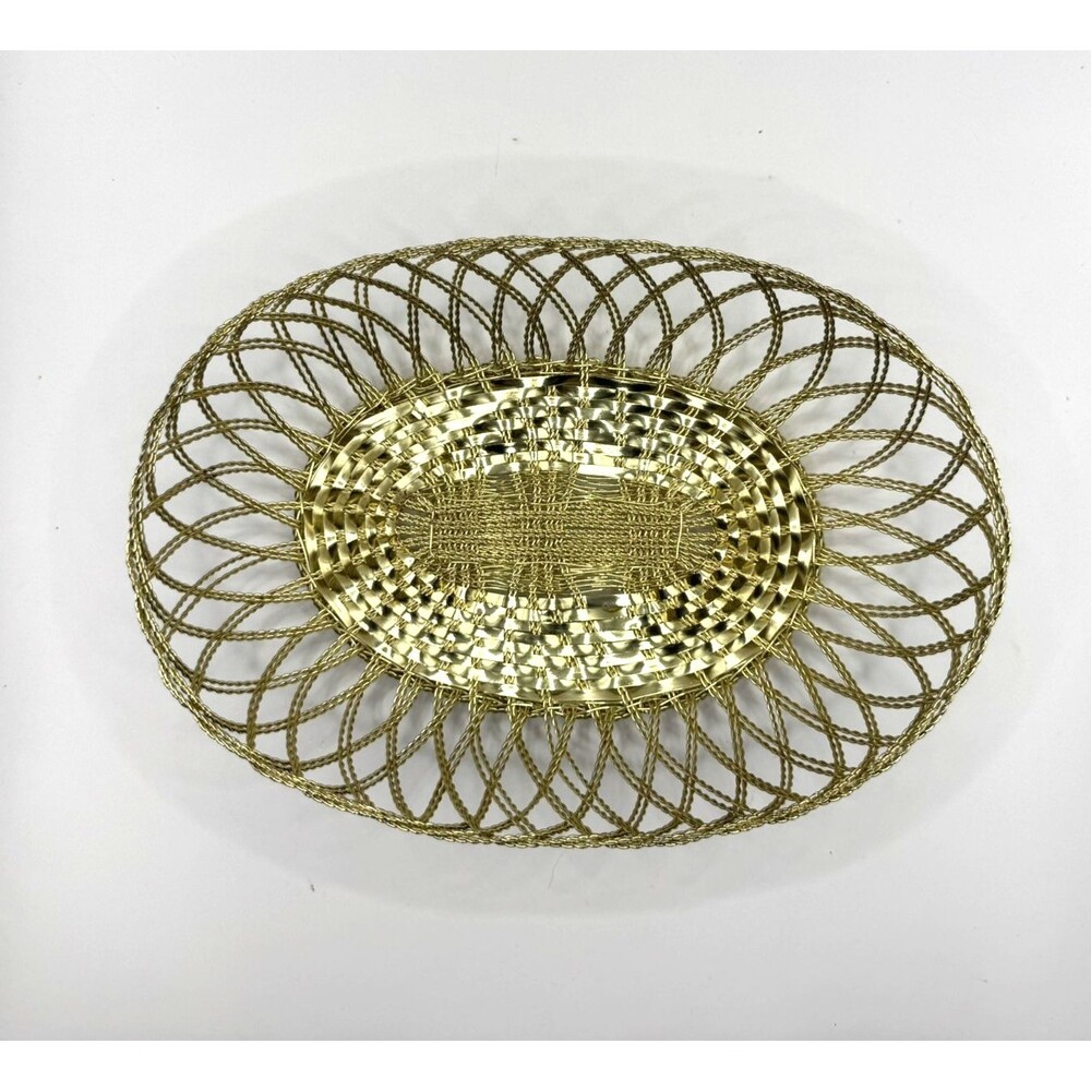Vintage Gold Tone Metal Woven Wire Basket Oval Bread Bowl Cottagecore Shiny EC